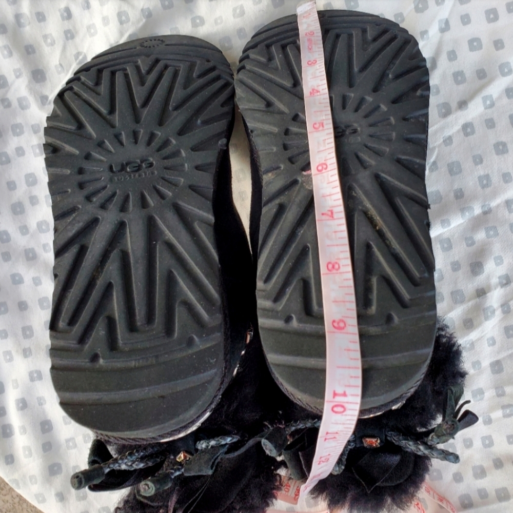 UGG Mini Bailey Leather Braid Bow Swarovski Black Boots Metal Logo Wmn Sz 5/ 36 - Picture 13 of 13